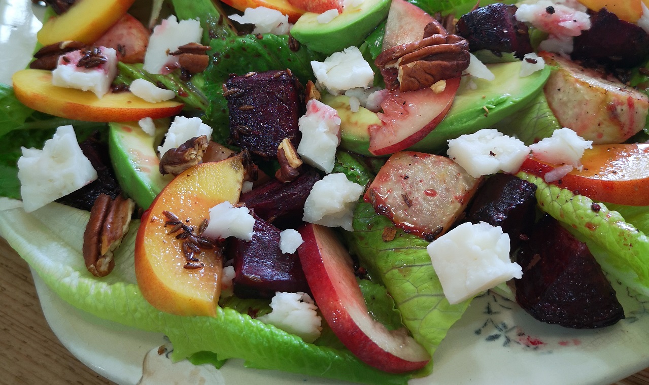 Nectarines, goat's cheese and English pink